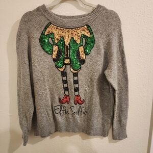 H&M Gray Sweater with Sequin Elf Design
